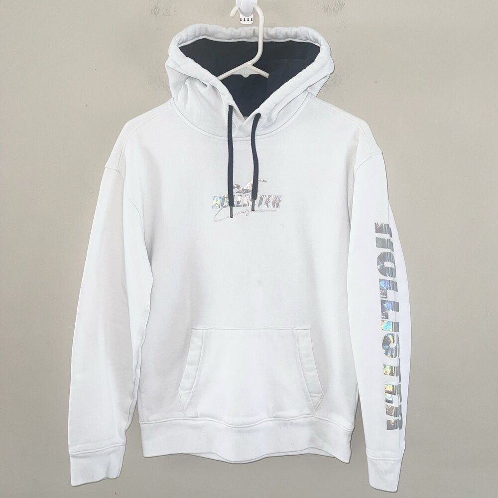 Hollister Hoodie Unisex Top Size S Pullover White Holographic Print Long Sleeve